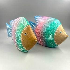 Vintage 1980s Teakwood Tropical Fish Sculptures Painted in Pastel - Set of 2
